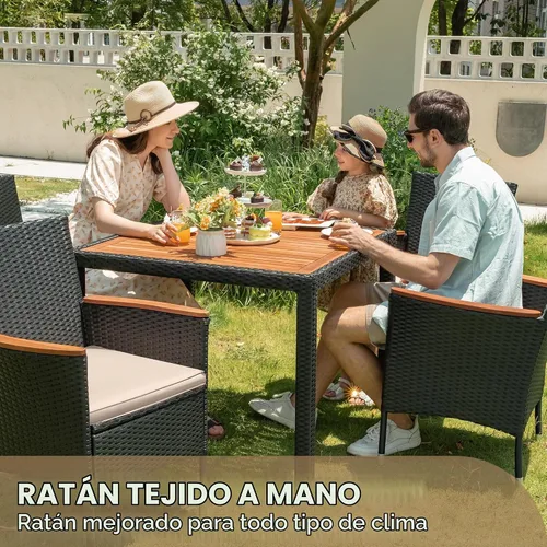 Vista 5 de Devoko - Juego de comedor de madera de acacia, 5 piezas, ratán negro