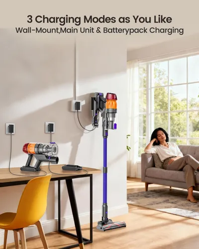 Vista 5 de Aspiradora inalámbrica, 500W 40KPa 60 minutos, aspiradoras para el hogar, potente aspiradora de palo con luz verde, aspiradora inalámbrica Morado