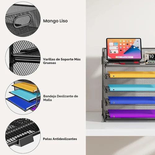 Vista 3 de Cawukege Organizador de papel de 5 niveles con asa, organizador de escritorio de malla de metal negro, carpeta de archivos, bandeja de cartas