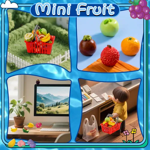 Vista 8 de Exasinine 33 piezas de figuras de frutas en miniatura, fresa, melocotón, uvas, mini figuras de resina, frutas artificiales para jardín, cocina