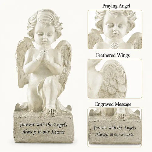 Vista 6 de Artisan Flair Figuras de ángel rezando, estatuas de querubines blancos de resina, escultura de ángel conmemorativo para el jardín del hogar, 6.5