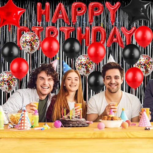 Vista 4 de Decoraciones de cumpleaños para hombres y mujeres, globos negros y rojos, pancarta de feliz cumpleaños, cortina metálica con flecos para fiesta