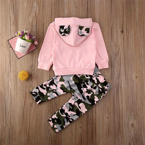 Vista 6 de FYBITBO 2 piezas de ropa de otoño e invierno para bebé niña, sudadera con capucha y pantalones de camuflaje, conjuntos de ropa