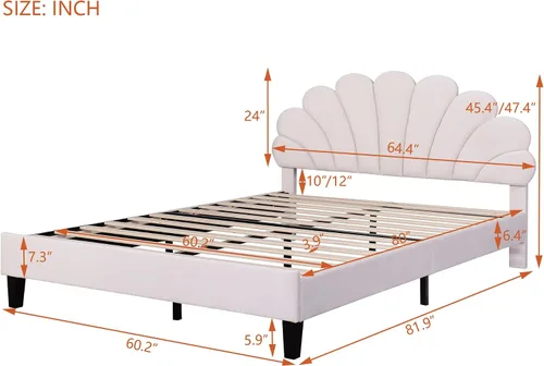 Vista 2 de Base de cama tapizada Queen con cabecero, cama moderna de plataforma de terciopelo con patrón de flores, soporte de listones de madera, tamaño Beige