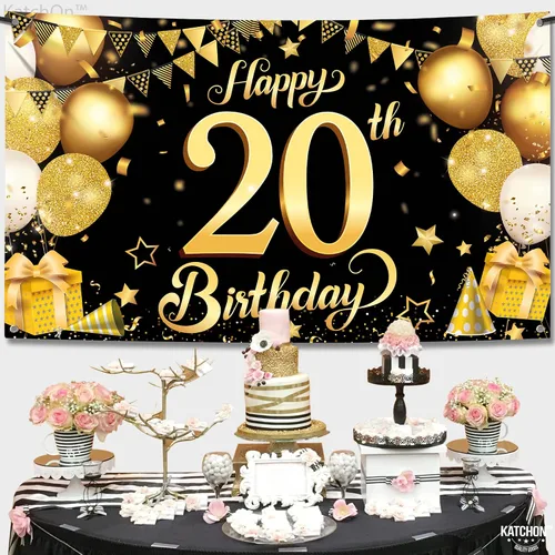 Vista 2 de KatchOn, Cartel de feliz cumpleaños número 20 negro y dorado – Grande, 72 x 44 pulgadas Cartel de 20 cumpleaños Saludos a los 20 años