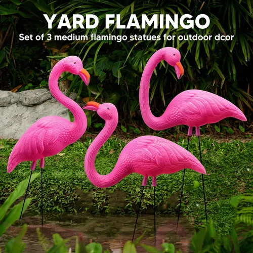 Vista 2 de JOYIN Paquete de 3 Decoraciones Grandes de Flamenco Rosa para Patio, Estacas de Ornamento de Flamenco de Césped de Plástico Mediano con Patas