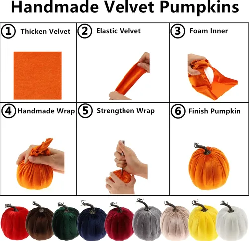 Vista 5 de Gresorth 8 calabazas artificiales de terciopelo champán hechas a mano de varios tamaños, decoración de Halloween para el hogar, cocina, granja