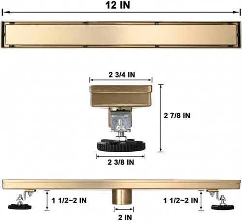 Vista 6 de AVSIILE Desagüe Lineal para Piso de Ducha, Oro Cepillado 12 Pulgadas Acero Inoxidable 304 Kit de Desagües de Baño, Desagüe de Zanja Rectangular