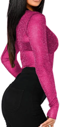 Vista 2 de BelleLovin Blusas de malla transparente de manga larga con purpurina para mujer, blusas transparentes