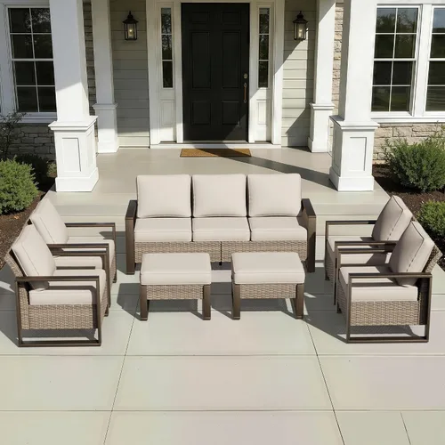 Vista 31 de Joyside - Sofá de mimbre para patio al aire libre, sofá de ratán de 3 plazas con cojines gruesos de olefina y reposabrazos rectangular con marco