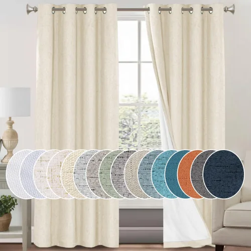 Vista 124 de Cortinas con textura de lino 100% opacas de 64 pulgadas de largo, juego de 2 paneles de cortinas de lino opacas con forro aislante térmico que Arena