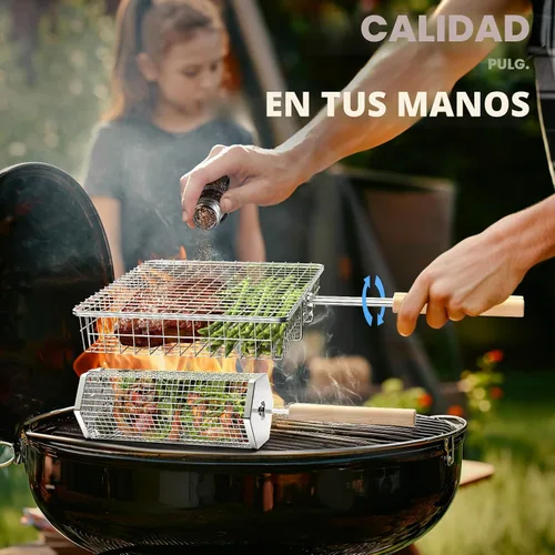 Vista 3 de Ivtivfu Juego de cesta para parrilla, mango de madera removible, acero inoxidable 304, herramientas de barbacoa con ruedas, accesorios para parrilla