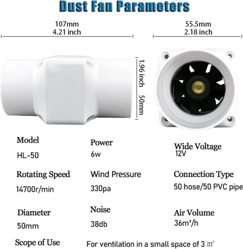 Vista 3 de Ventilador de conducto en línea de 2 pulgadas con controlador de velocidad variable 12v 6w Ventilador de escape de ventilación Ventiladores