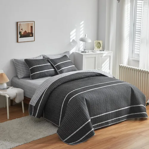 Vista 7 de Flysheep Juego de edredón bohemio gris oscuro tamaño individual para niños, 2 piezas de edredón reversible a rayas blancas sobre negro, colcha
