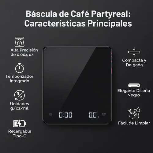 Vista 7 de Partyreal Báscula digital de café de cocina, báscula delgada con tara, unidades g/oz/ml, pantalla retroiluminada, recargable USB-C (cable incluido)