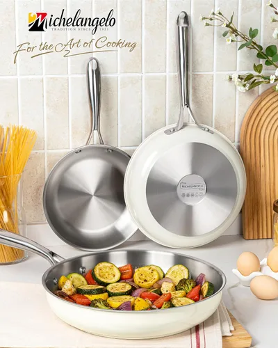Vista 7 de MICHELANGELO Juego de sartenes de acero inoxidable, 8" 9.5" 11" sartén de inducción, sartenes de cocina de base triple con mango ergonómico