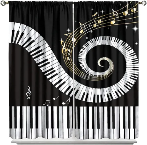 Vista 7 de Cortinas abstractas con notas musicales de piano, temática musical de piano, decoración de dormitorio de niños y niñas, arte rústico retro