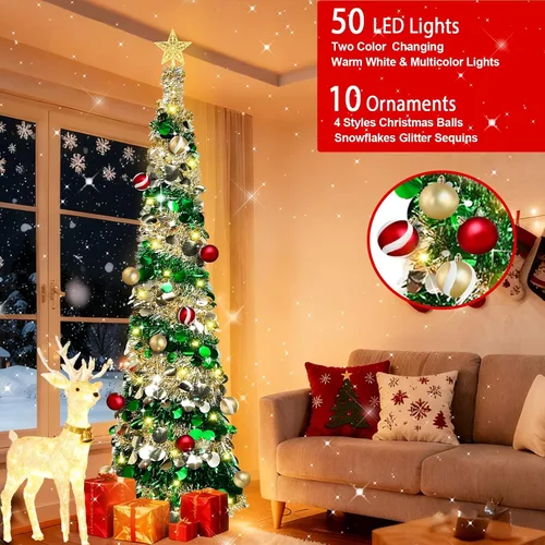 Vista 3 de [Temporizador y 8 modos] Árbol de Navidad delgado iluminado de 6 pies, feliz año nuevo 2025 con 100 luces cambiantes blancas cálidas y multicolor