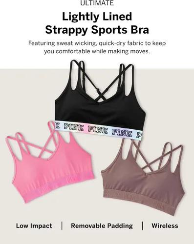 Vista 4 de Victoria's Secret Pink Ultimate - Brasier deportivo de bajo impacto para mujer, brasier deportivo, color negro (S), Negro puro