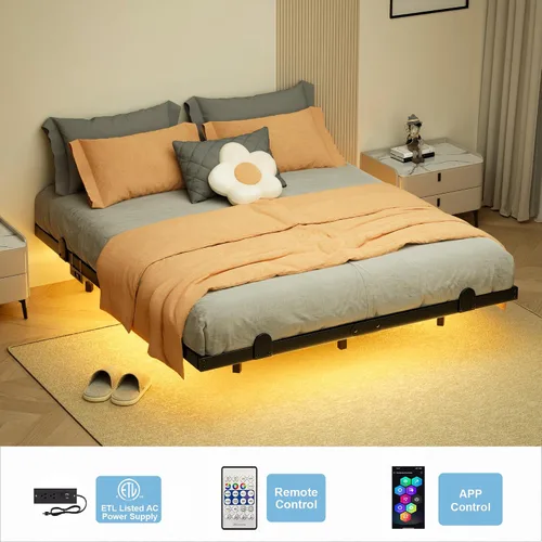 Vista 5 de LUKIROYAL Marco de cama flotante tamaño completo con luces LED inteligentes y estación de carga - Marco de cama LED moderno con luces, fácil