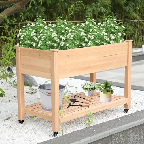 Vista 7 de Cama de jardín elevada con ruedas – Camas elevadas elevadas con almacenamiento, macetas de jardín de madera para regalo de jardinería para madre