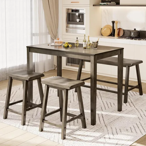 Vista 11 de PHI VILLA Juego de mesa de comedor de granja para 4 espacios pequeños, mesa y sillas de altura de mostrador con banco, juego de mesa de cocina alta
