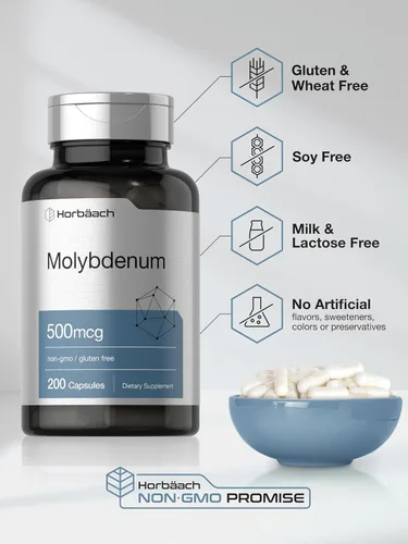 Vista 5 de Horbaach Molibdeno Suplemento 500mcg 200 Cápsulas Quelato de aminoácidos Sin OMG, sin gluten