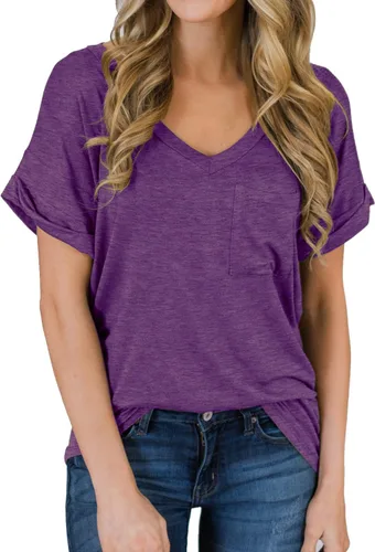 Vista 27 de Miholl Camiseta holgada, informal, de manga corta, con cuello en V, para mujer Blanco (02 White)