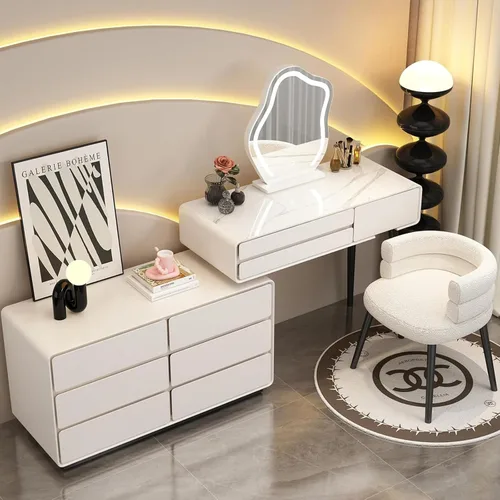 Vista 10 de Escritorio de tocador con luces, tocador de maquillaje con espejo, tocador con cajón grande, 3 modos de iluminación de brillo ajustable, juego
