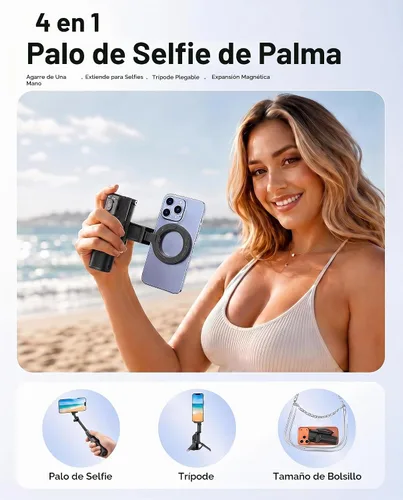 Vista 3 de Mini trípode magnético para selfie stick para iPhone y Android, tamaño de bolsillo de 19 pulgadas, agarre de cámara de teléfono 4 en 1 con control