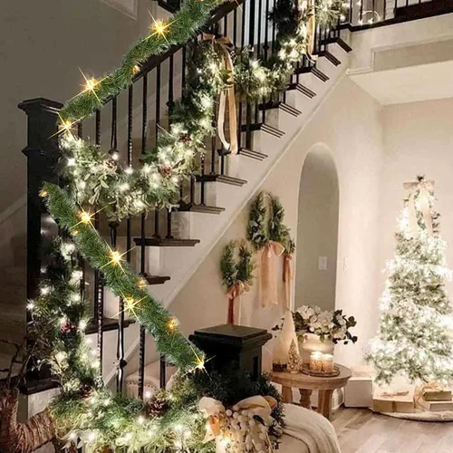 Vista 6 de Dazzle Bright Guirnalda de Navidad artificial de 15 pies, 50 luces LED preiluminadas, funciona con pilas, decoración de Navidad iluminada