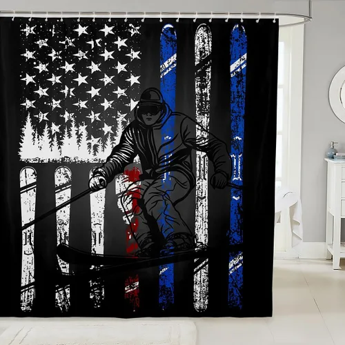 Vista 12 de Cortina de ducha de esquí negro con teñido anudado gris para niños, niñas, adultos, decoración de habitación de esquí, deportes, juegos, cortina