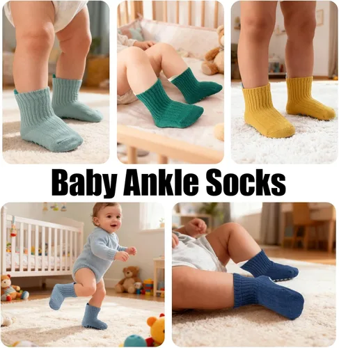 Vista 5 de 8 pares de calcetines de algodón antideslizantes para niños y niñas, recién nacidos, calcetines de algodón con agarres 0-3T