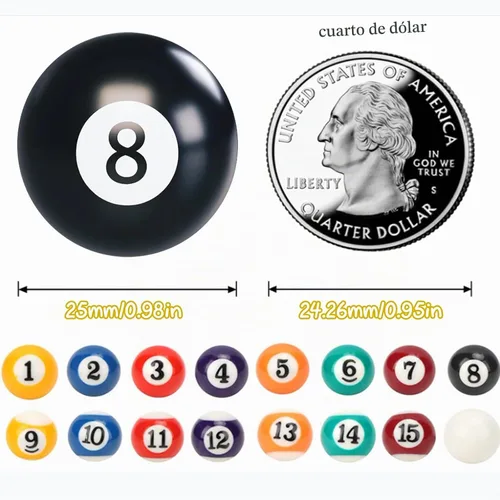 Vista 2 de Juego de 16 mini bolas de billar de 0.98 pulgadas, mini bolas de billar de resina con 8 colores para diversión familiar, entretenimiento
