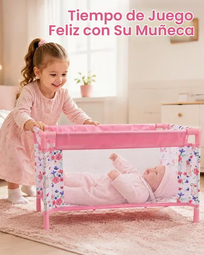 Vista 5 de Cuna para Muñecas Bebé Reborn, Cama de Muñeca para Bebés de 18 Pulgadas, Cuna de Juguete Extraíble para Corralito de Muñecas de Bebé, Accesorios