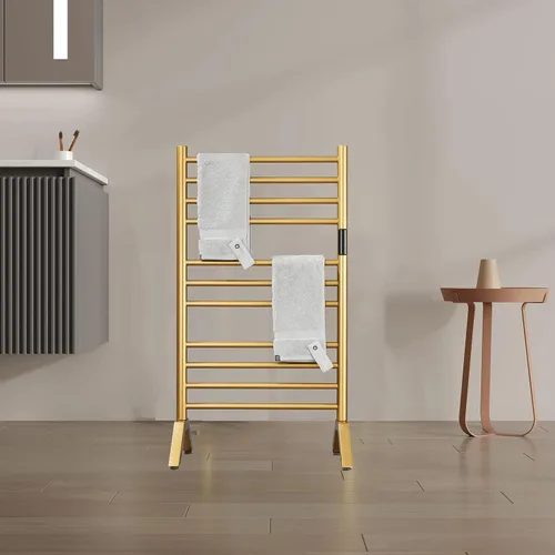 Vista 3 de Calentador eléctrico de toallas radiador con temporizador integrado dorado, 140 W montado en la pared e independiente toallero calefactable con 11