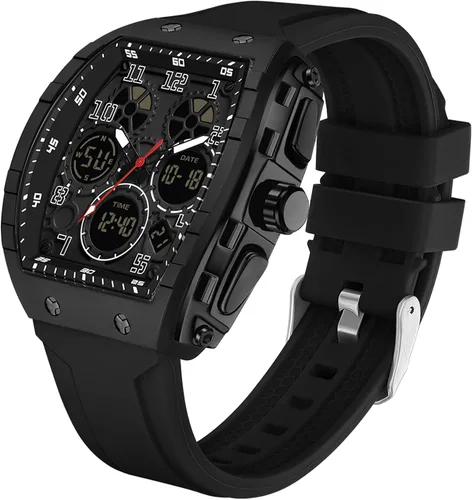 Vista 12 de Relojes para hombre, únicos rectángulos, reloj de pulsera blanco con pantalla digital analógica de doble hora, cronómetro de cuenta regresiva