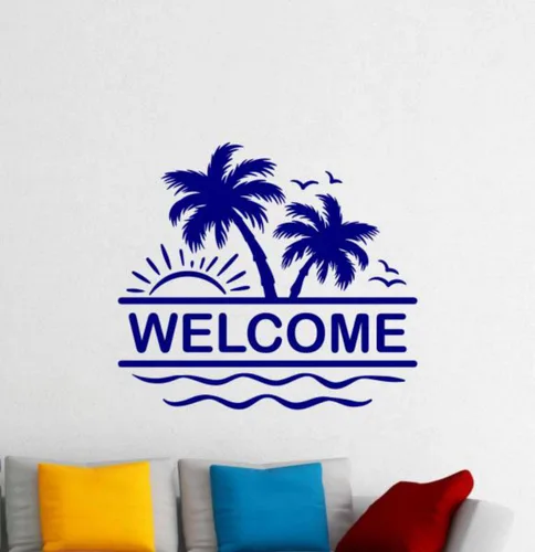 Vista 3 de Calcomanía de vinilo personalizada para pared de playa, decoración de playa, letrero de bienvenida, pájaros, isla, ondas, sol, palmera, arte