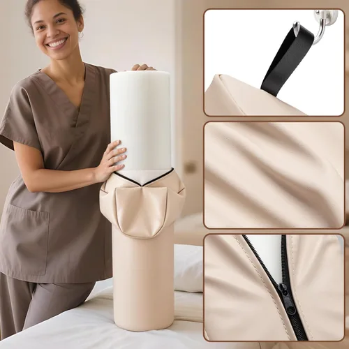 Vista 6 de Noverlife Rodillera redonda 3/4 para mesa de masaje, almohada de masaje de 26 x 6 x 6 pulgadas para piernas con asa de correa, mesa de masaje