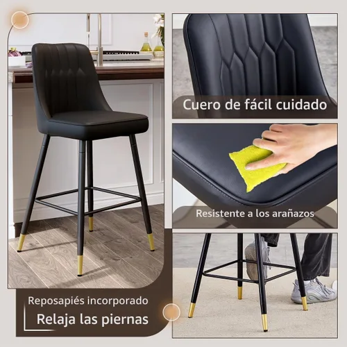 Vista 4 de Juego de 4 Taburetes de Bar, Taburetes de Bar de Altura de Mostrador con Respaldo, Taburetes de Cocina Modernos de Cuero Sintético, Taburete de Bar