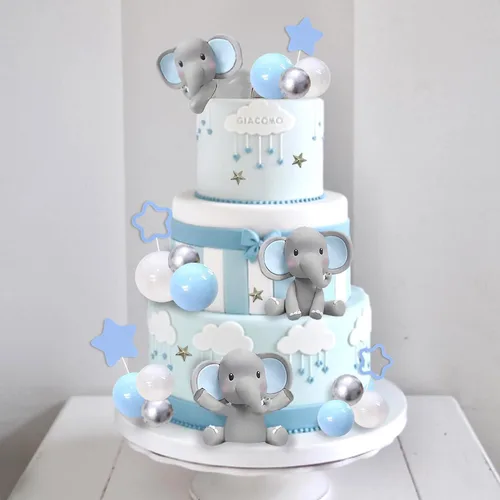 Vista 4 de 32 piezas de decoración de pastel de elefante con mini elefante, bolas de perlas azules y blancas para suministros de cumpleaños con temática