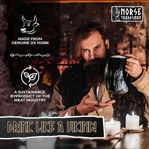 Vista 2 de Norse Tradesman LG Viking Cuerno para Beber - Jarra de Cuerno de Cerveza 100% Auténtica con Fondo de Madera Dura y Grabados de Anillos The