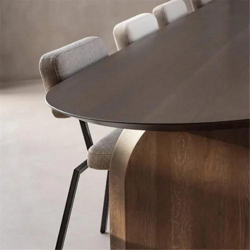 Vista 4 de Moderna mesa ovalada sólida con doble pedestal, madera natural, muebles de estilo Wabi-sabi para comedor, cocina, ocio, mesa de centro, color Marrón