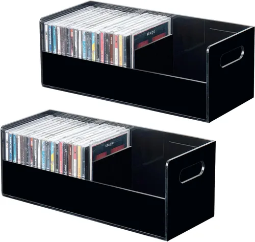 Vista 13 de MyGift Soporte rack moderno premium de CD apilable de acrílico transparente con asas de transporte recortadas, caja de exhibición para estuches