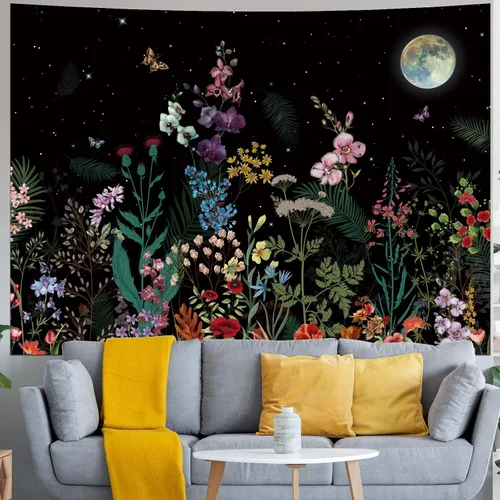 Vista 5 de Generleo Tapiz de plantas florales, tapices vintage, bohemio, flores, mariposas, cielo estrellado, paisaje, naturaleza, paisaje, tapiz para colgar