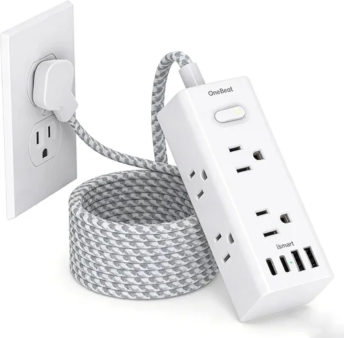 Vista 11 de One Beat Cable de extensión corto de 1 pie, regleta de alimentación de enchufe plano, protector de sobretensiones – 6 salidas amplias con 4 puertos