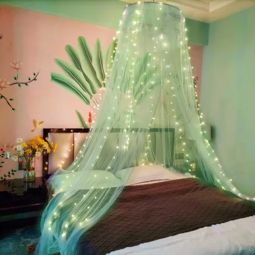 Vista 10 de Dosel de Cama de Encaje Mosquitera con Luces Cálidas, Dosel de Cama de Princesa para Decoración de Habitación de Niñas, Azul/Una Entrada Luces