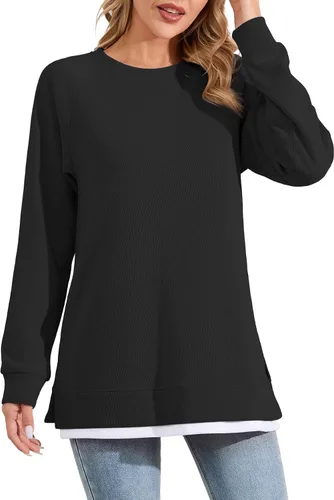 Vista 3 de YSYOKOW Women Crewneck Sweatshirt Long Sleeve Pullover Trendy Side Slit Tunic Casual Color Block Tops