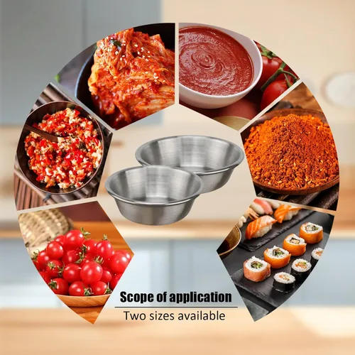 Vista 4 de Plato de salsa de acero inoxidable, platos individuales para salsas, pequeños ramequines de metal, pequeños tazones de condimento, platos de soja