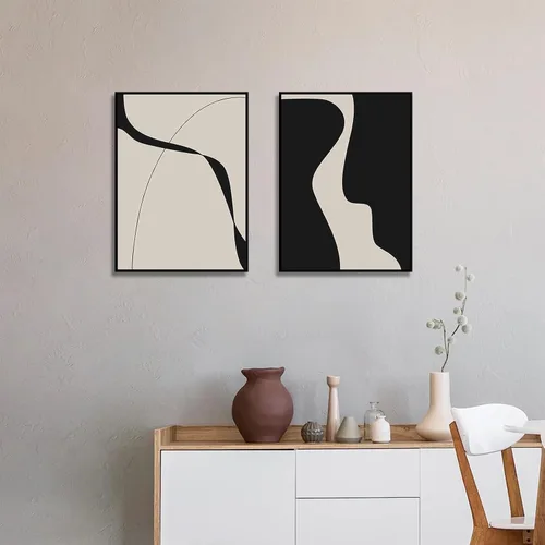 Vista 7 de BOKPEN Arte de pared de lienzo abstracto en blanco y negro, pinturas minimalistas de líneas, obras de arte, póster geométrico de mediados de siglo